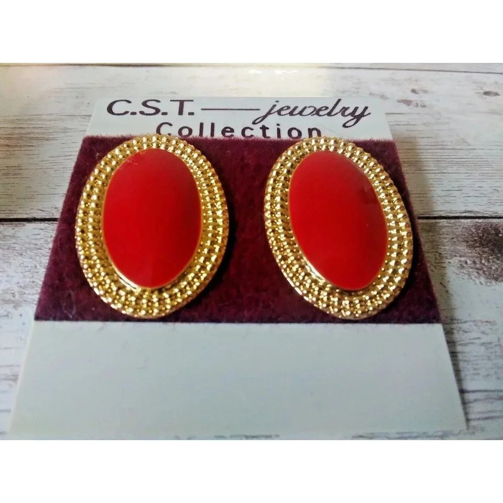 Perfect Condition 1980s Vintage Red Oval Enamel Pierced Work Earrings